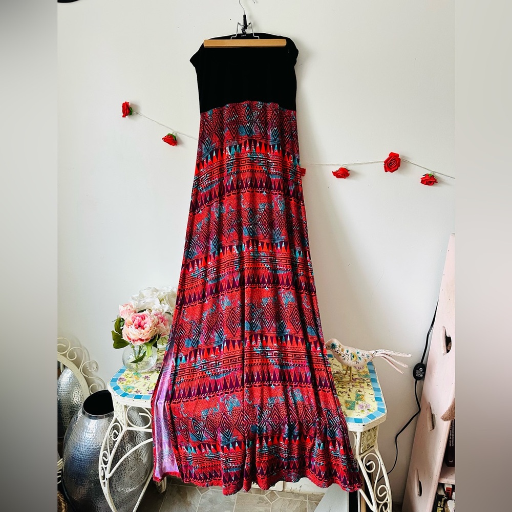 Hurley Black Red Tribal Aztec Boho Patterned Maxi Dress L - Picture 7 of 9